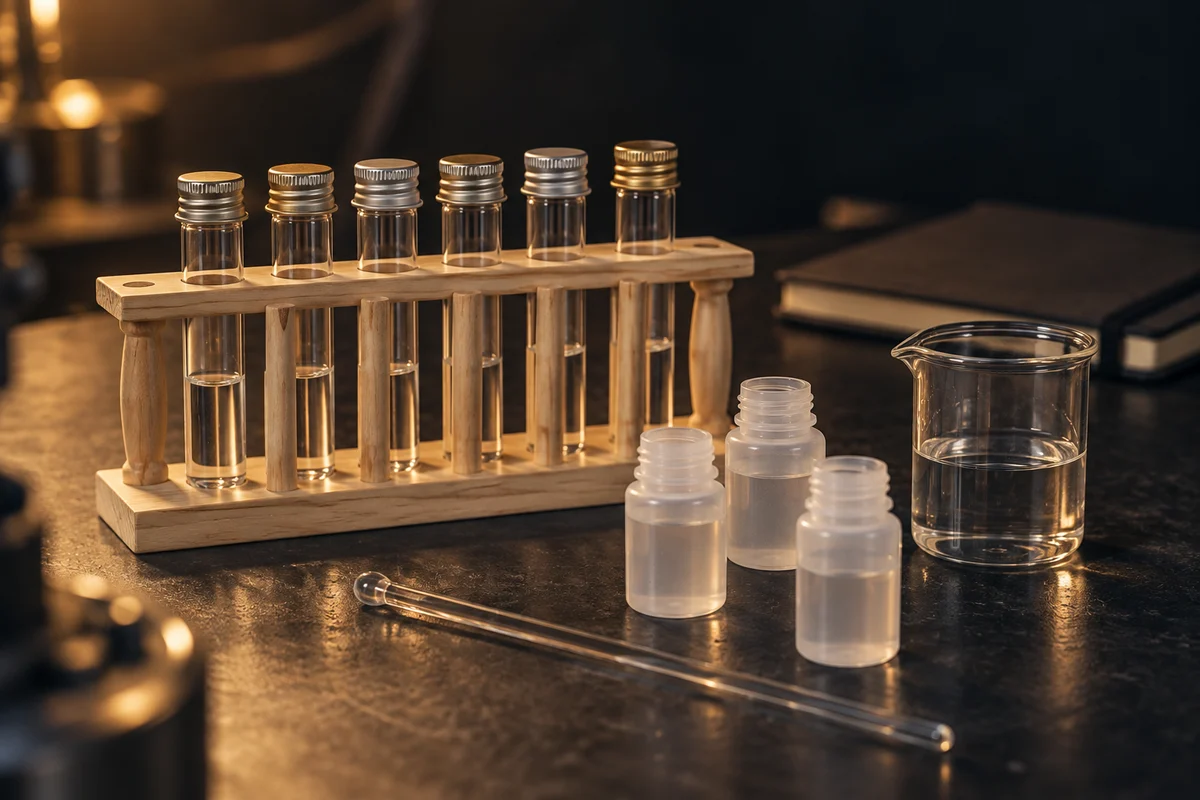 An illustration of formula trials with a wooden test-tube rack, clear sample bottles and a beaker on a dark table.