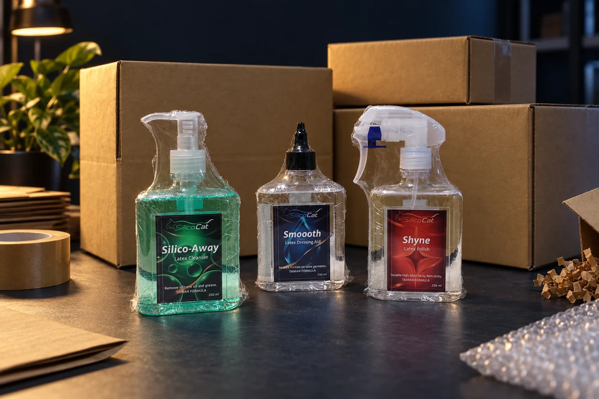 An illustration of the brand's journey, showing three products with English packaging and cardboard boxes on a workbench.