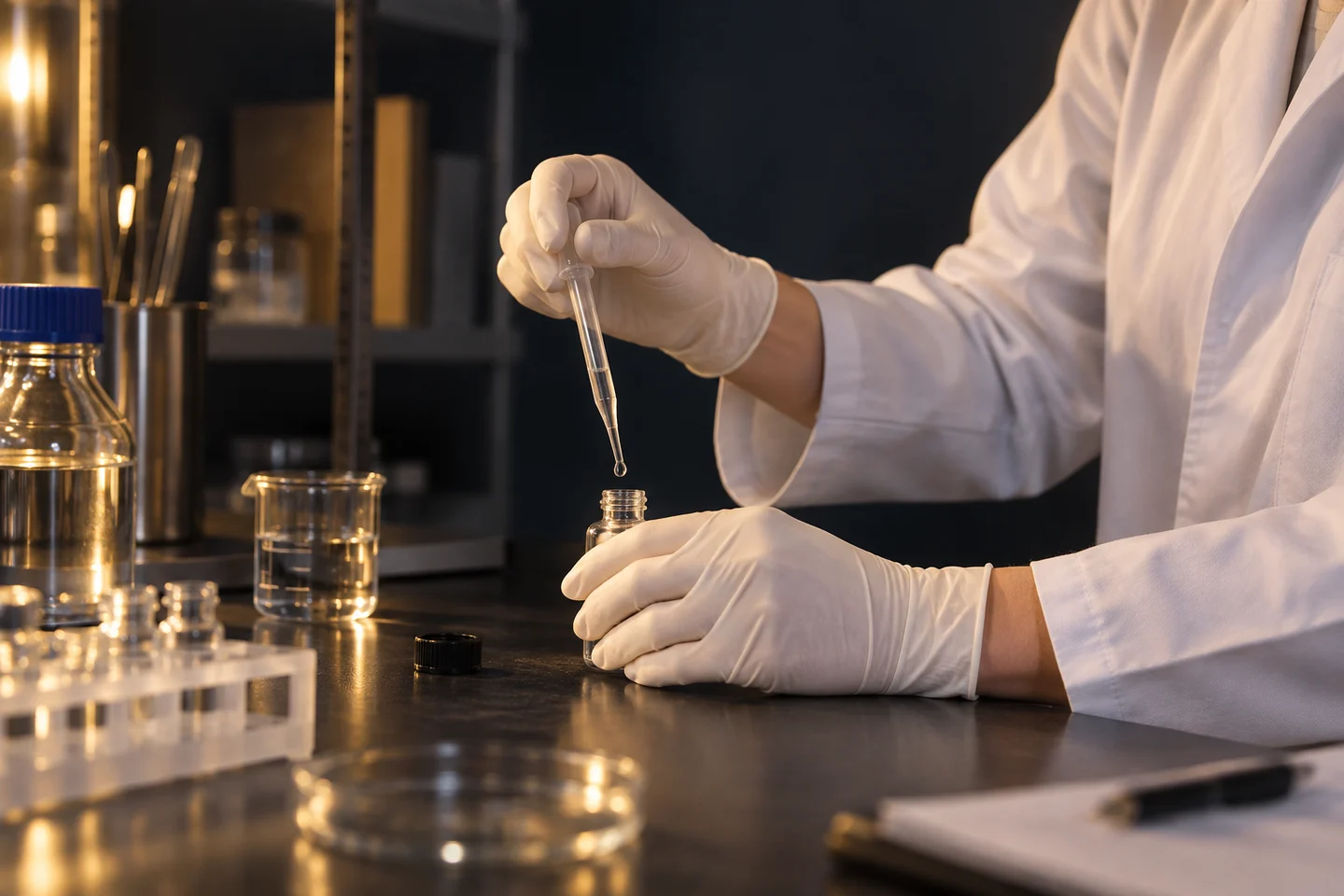An illustration of gloved hands adding clear liquid to a small bottle during development; no face is shown.