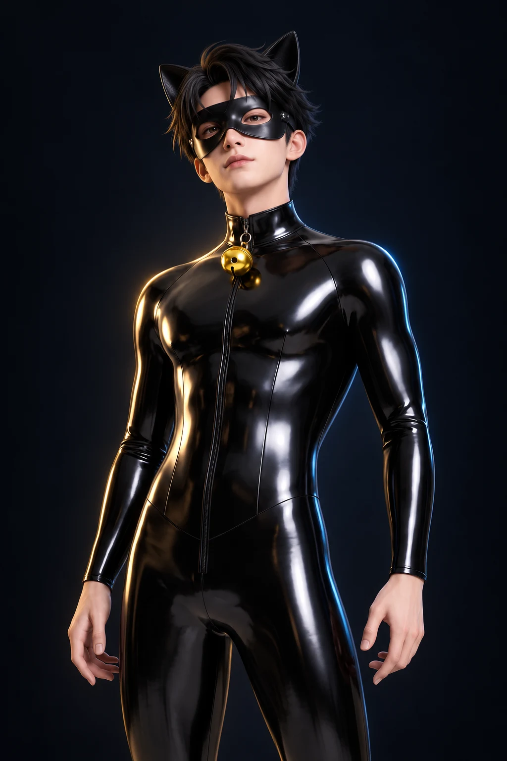 Slix looking up confidently, wearing cat ears, a black eye mask, glossy black latex and a golden bell at the collar.