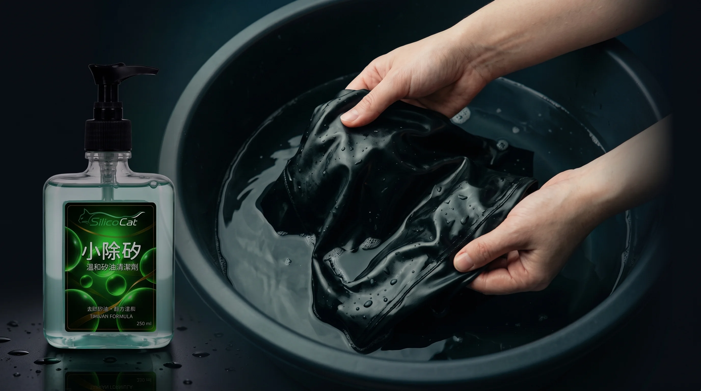 Hands gently washing a black latex garment in a dark basin beside a bottle of Silico-Away.