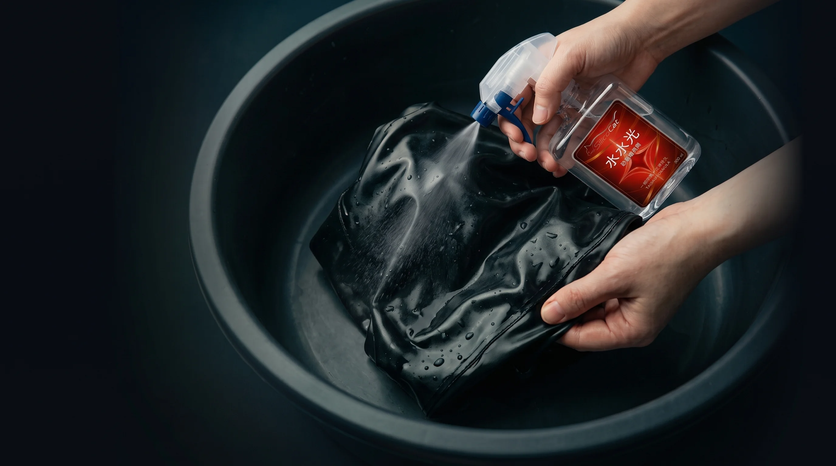 Spraying Shyne onto a wet black latex garment after washing.