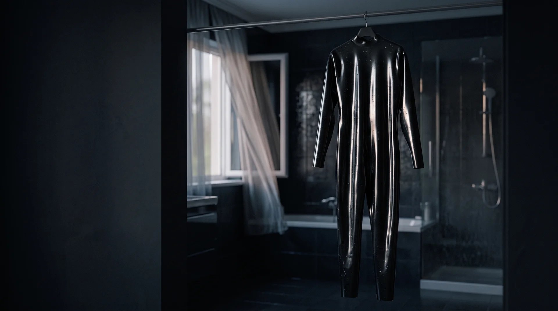 A shiny black latex garment with water droplets, drying in a ventilated bathroom out of direct sunlight.