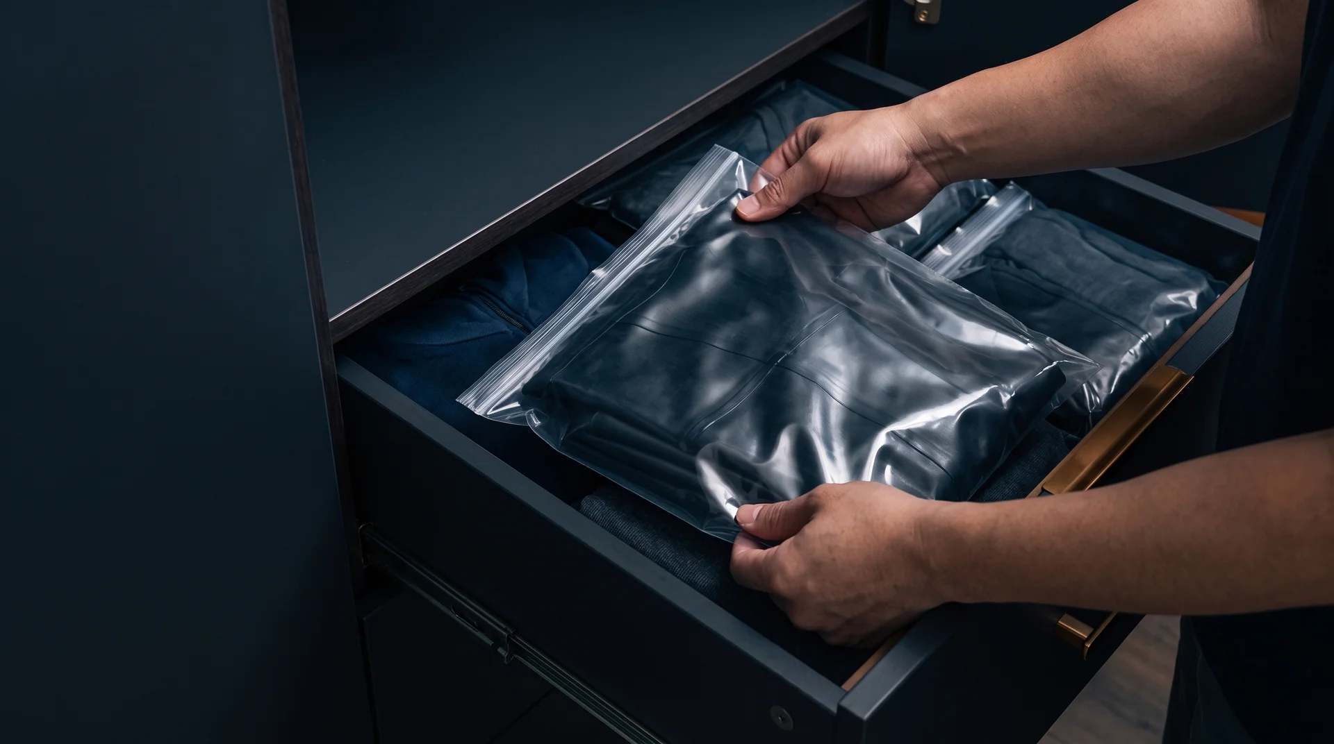 Putting a fully dried latex garment into a storage bag in a drawer.
